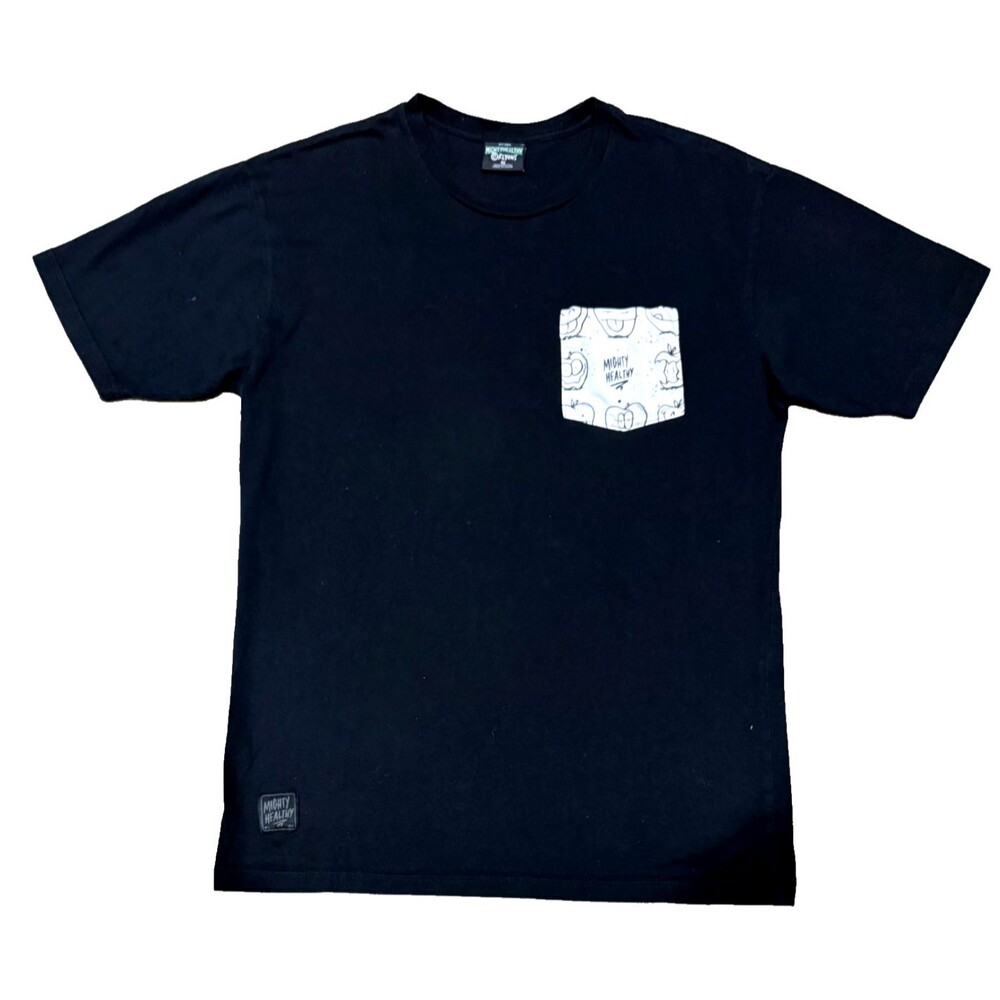 Mighty Healthy Mens S Black Graphic Pocket Crew Neck Short Sleeve T Shirt Top
